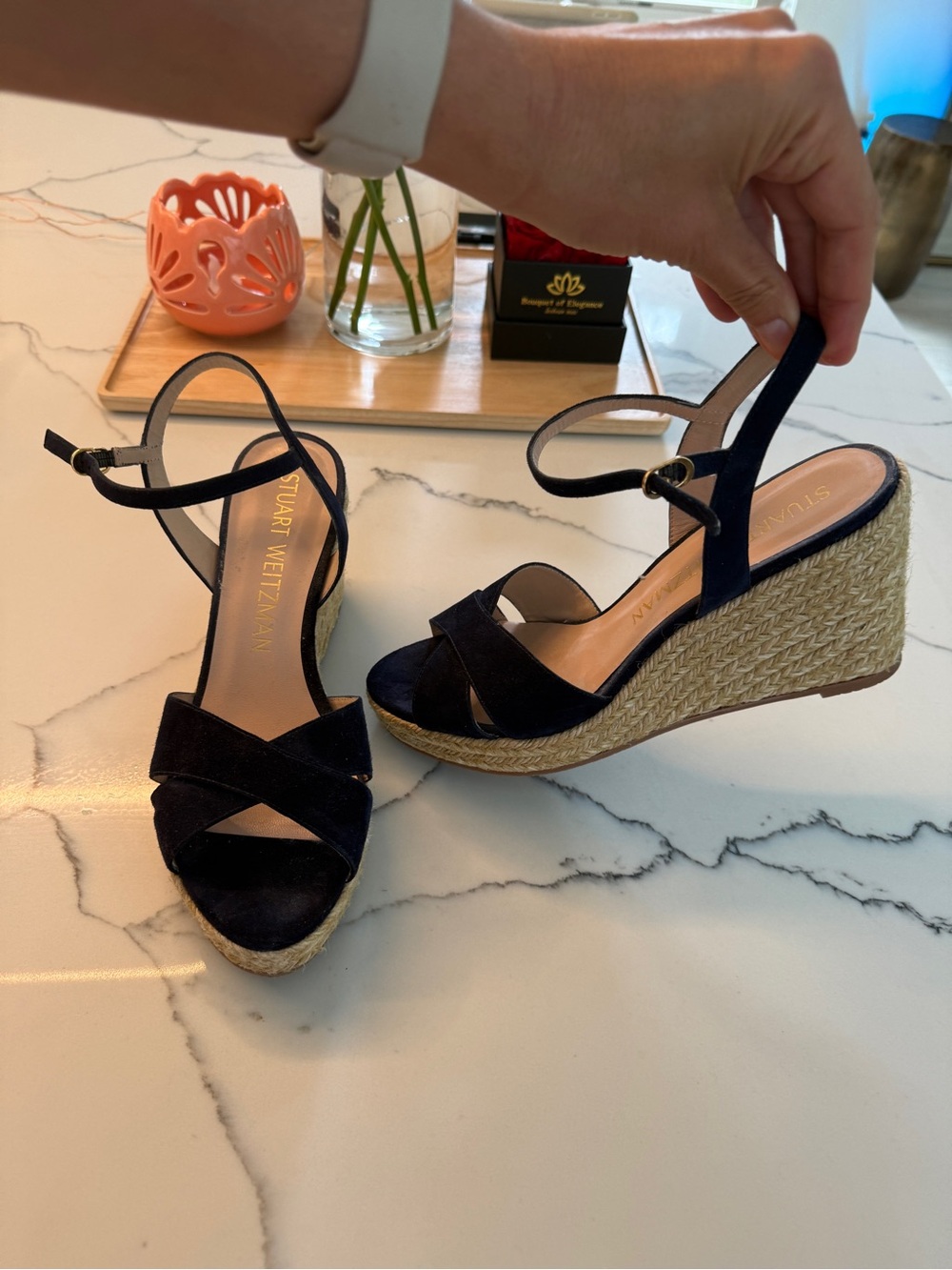 Stuart Weitzman Navy Suede Espadrille Wedge Sandals with Ankle Strap - Picture 4 of 5